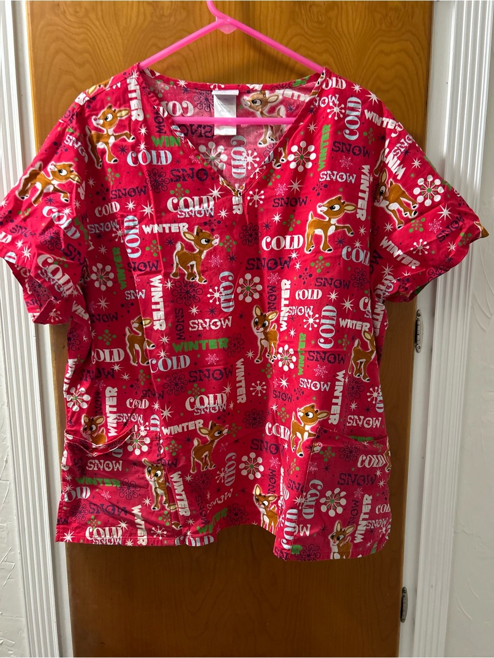 Festive Pink Rudolph the red nose Reindeer scrub top